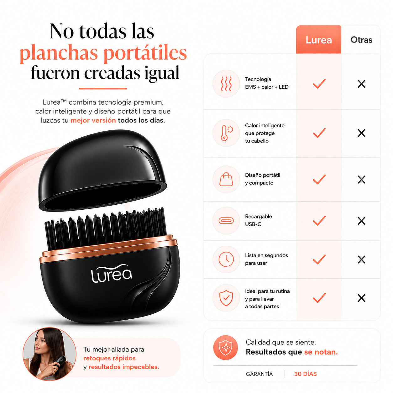 Plancha Portátil Lurea™ Del frizz al cabello perfecto, estés donde estés